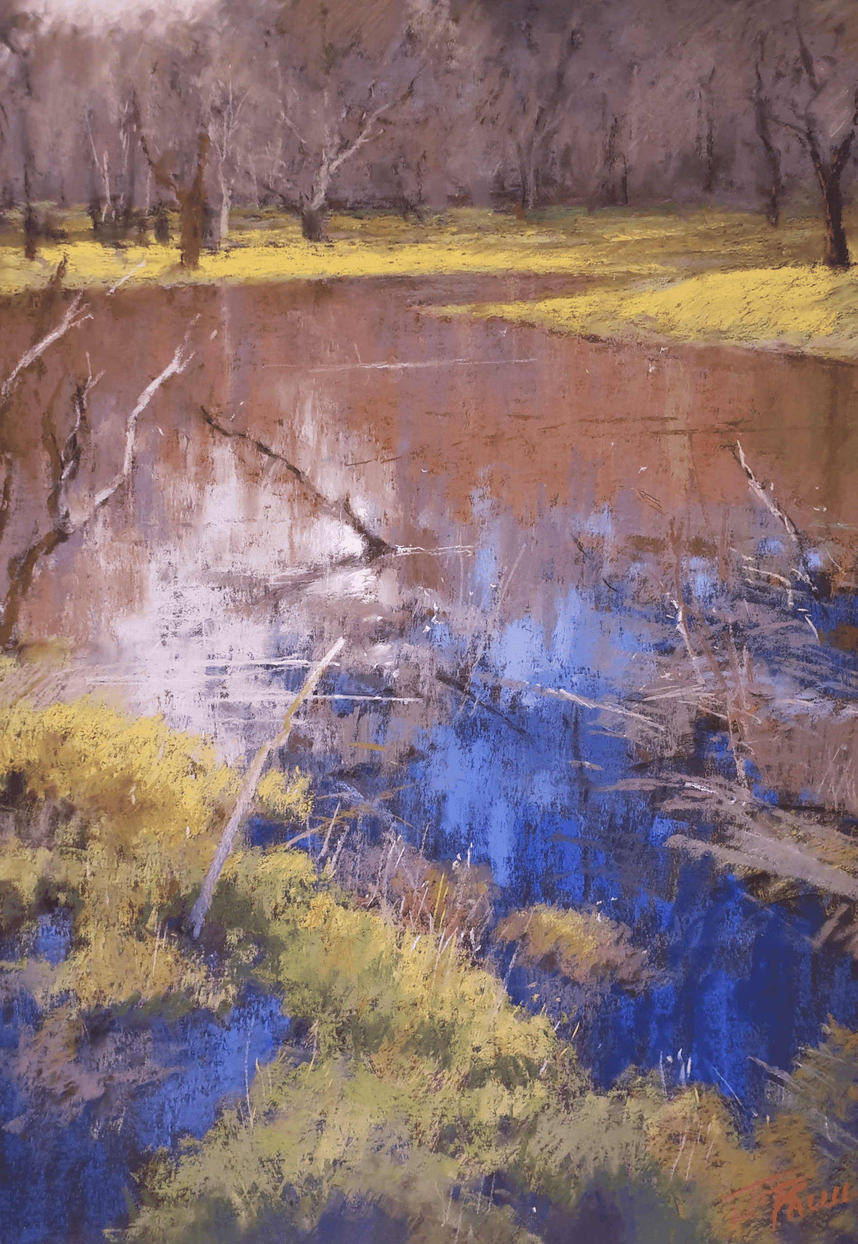 Pastel landscape painting of a river scene with trees and reflections.