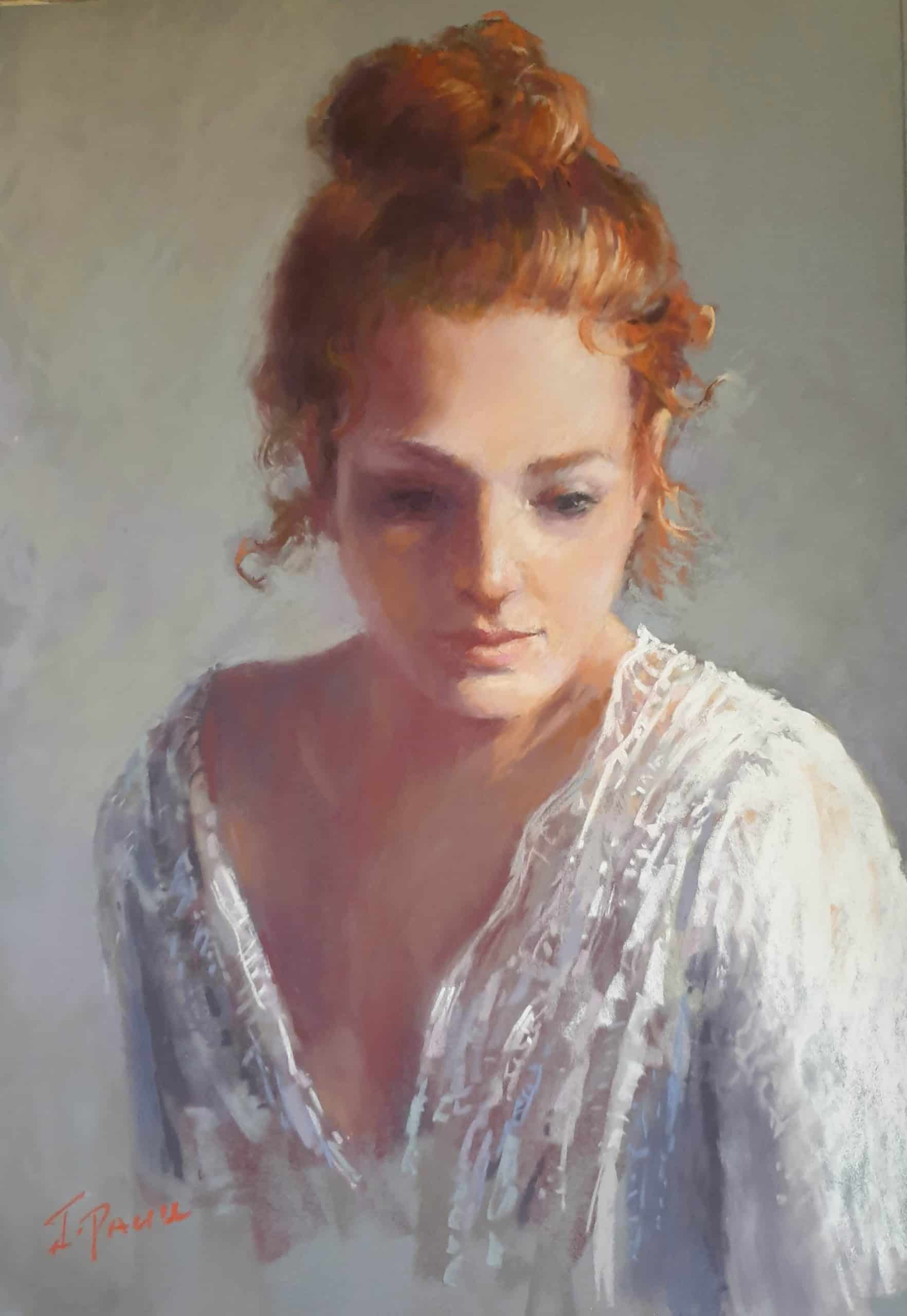 Woman with red hair in a loose bun, wearing a white lace dress, painted in a realistic style.
