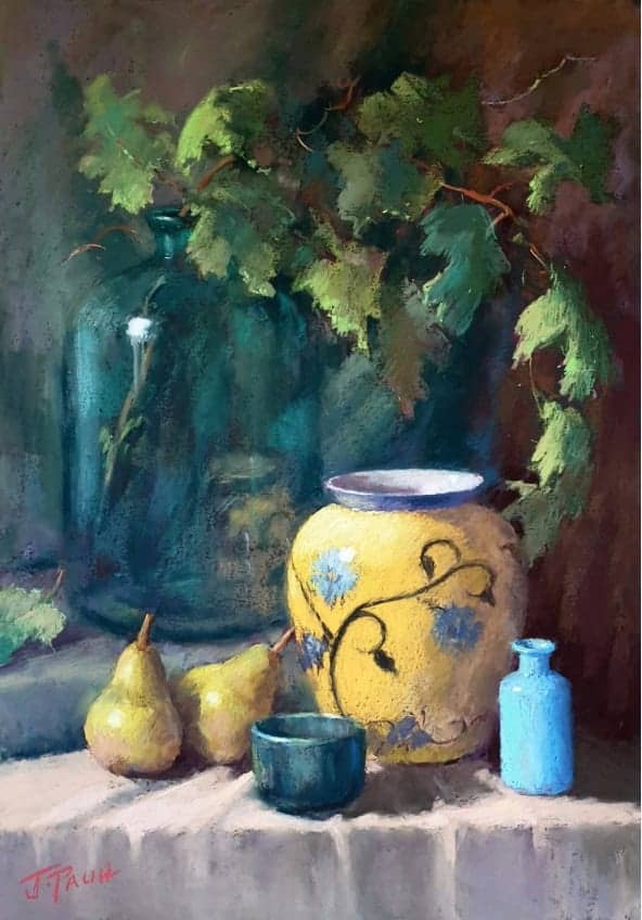 Pastel still life featuring pears, a large decorative vase, and smaller vessels on a windowsill.